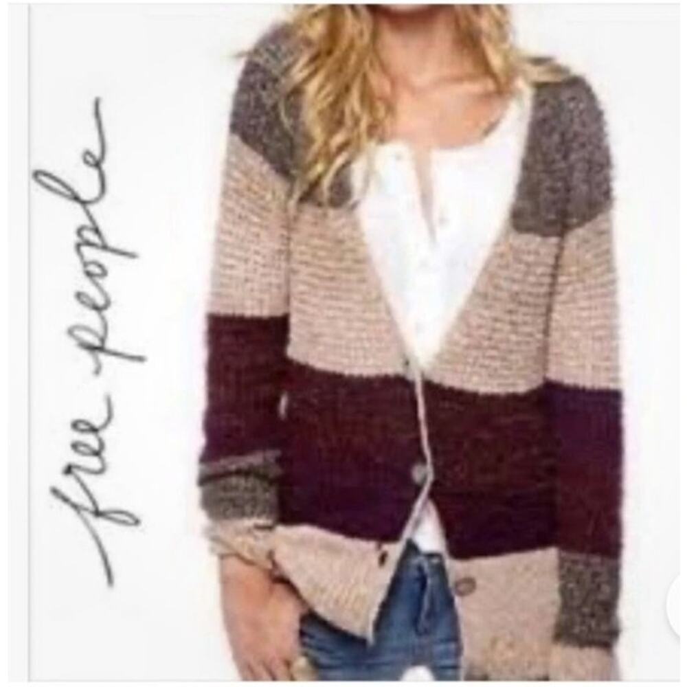 Free People Lake Tahoe Grey Pink Purple Stripe Cardigan Sweater Size S